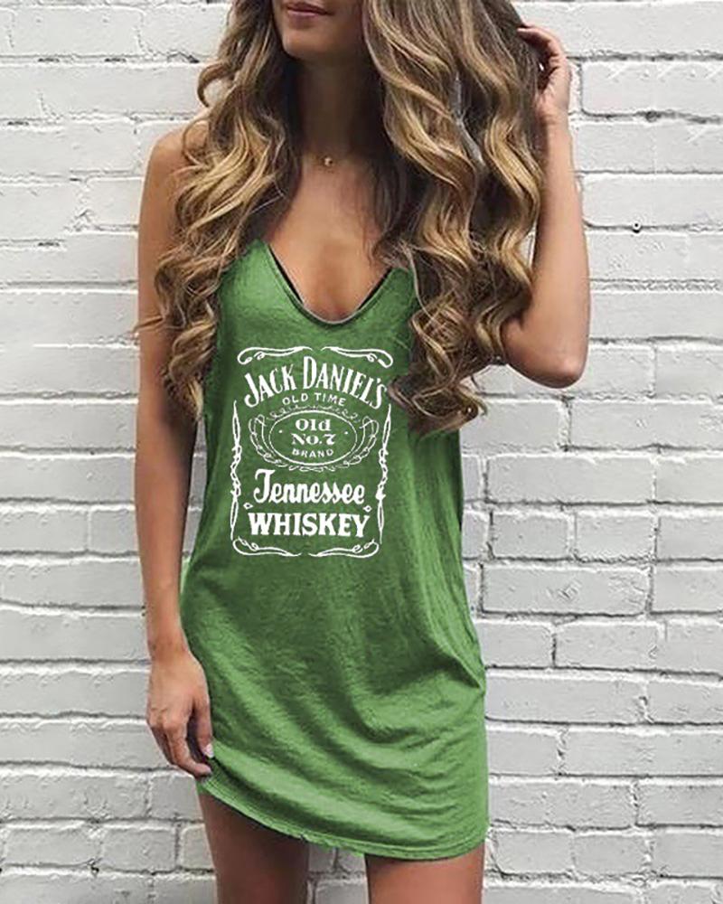 

Letter Print Sleeveless Casual Dress, Green