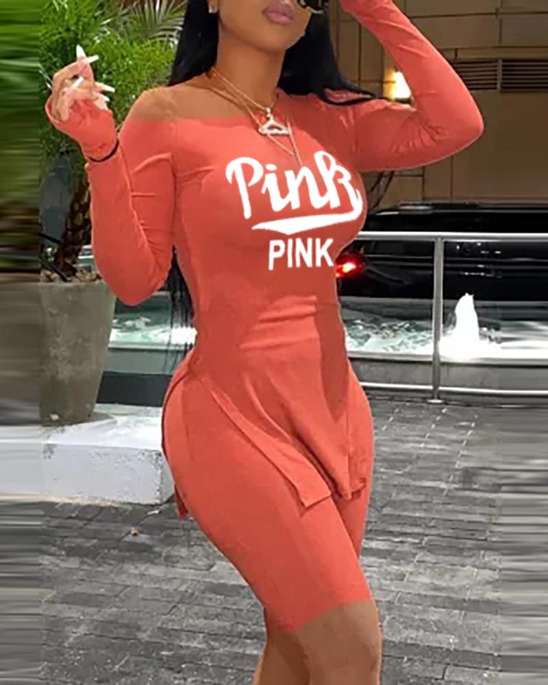 

Letter Print Slit One Shoulder Long Sleeve Top & Shorts Set, Pink