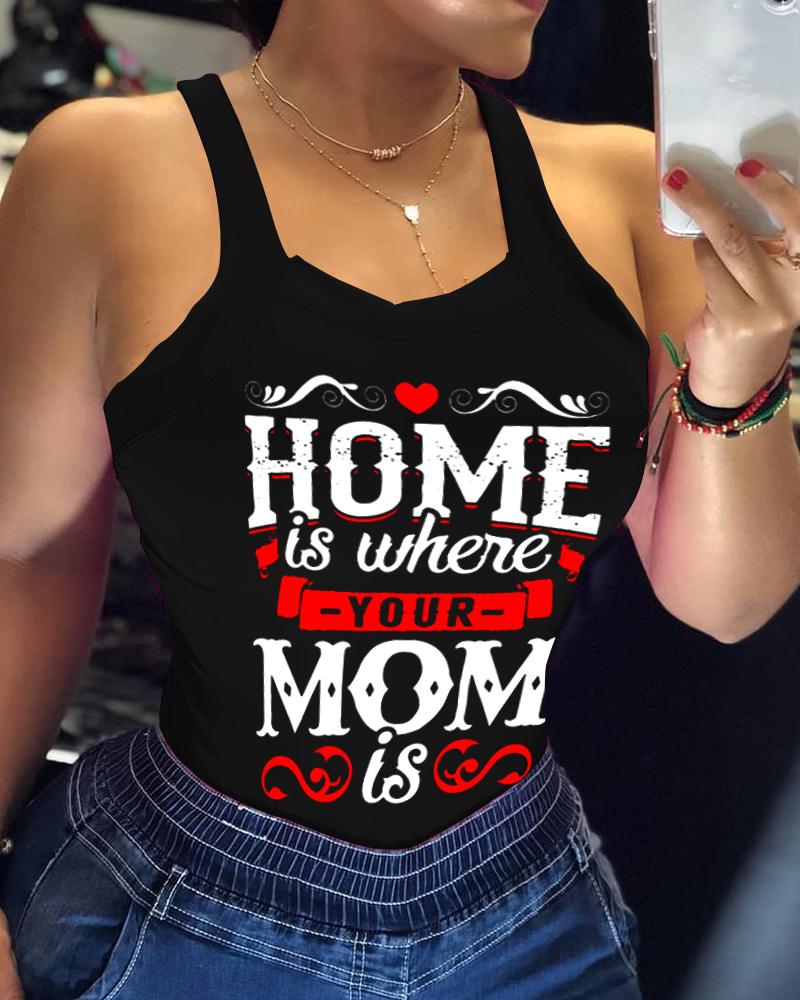 

Mother' Day Thick Strap Letter Print Fitted Top, Black
