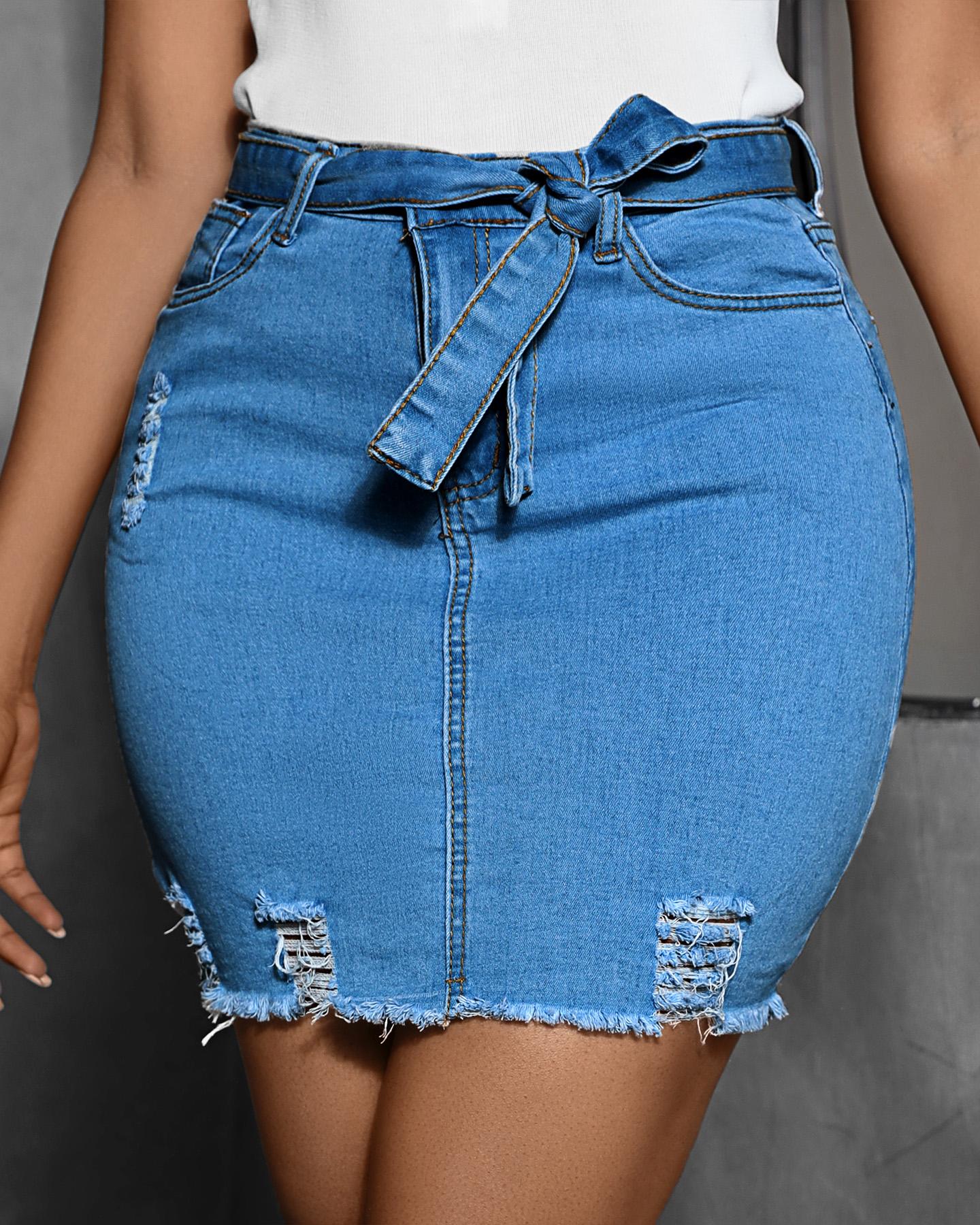 

Fringe Hem Ripped Denim Skirt, Blue