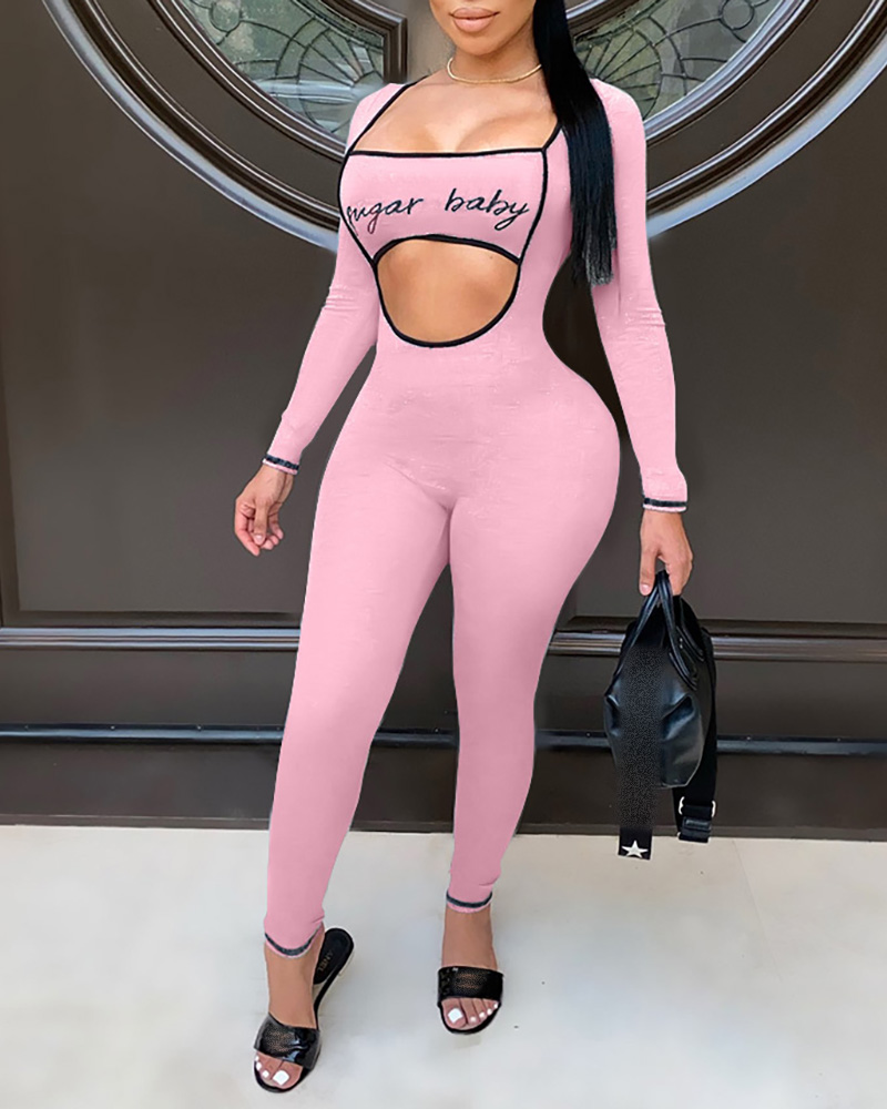 

Letter Print Hollow-out Design Square Neck Jumpsuit, Pink