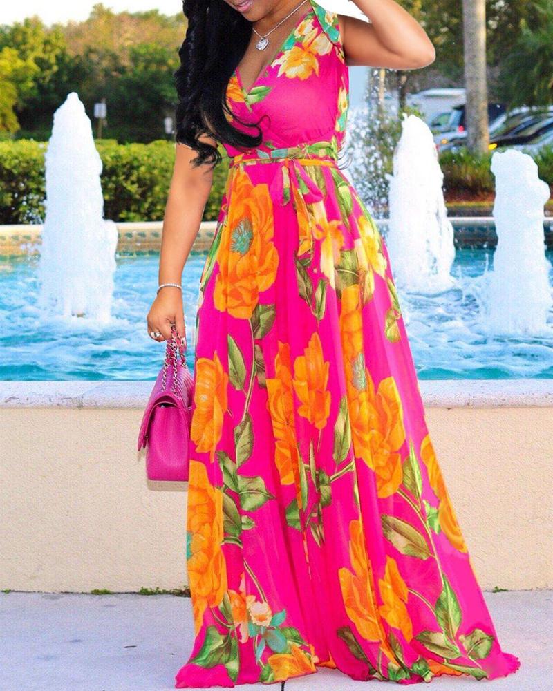

Deep V-neck Floral Printed Maxi Chiffon Dress, Hot pink