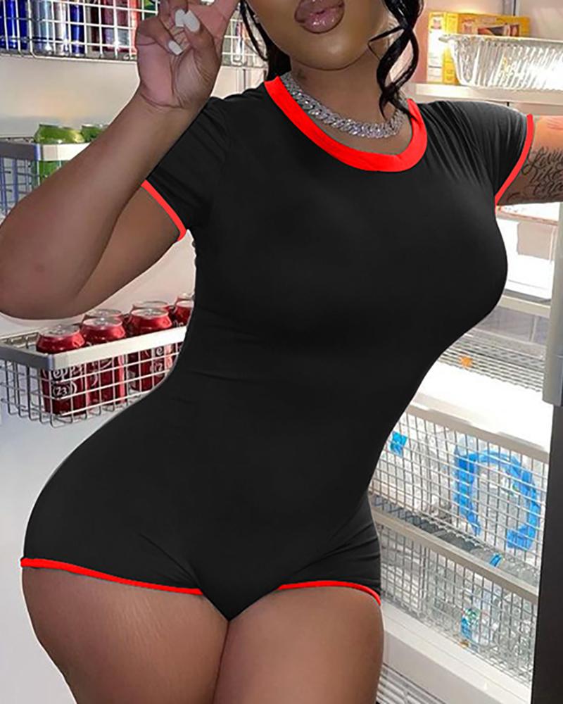 

Colorblock Short Sleeve Skinny Romper, Black