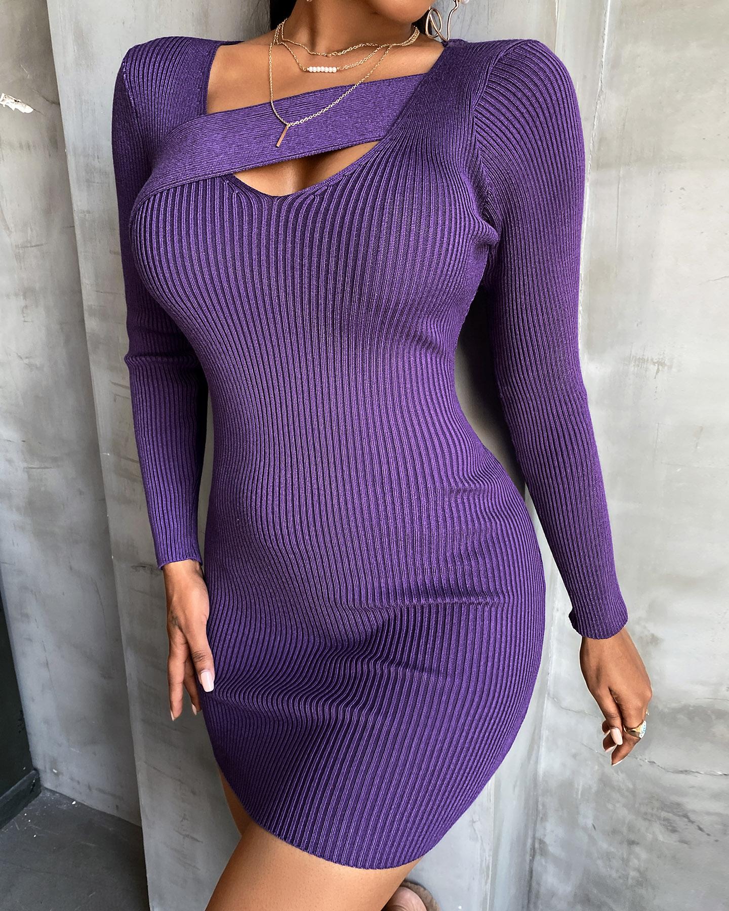 

Cutout Knit Long Sleeve Bodycon Dress, Purple