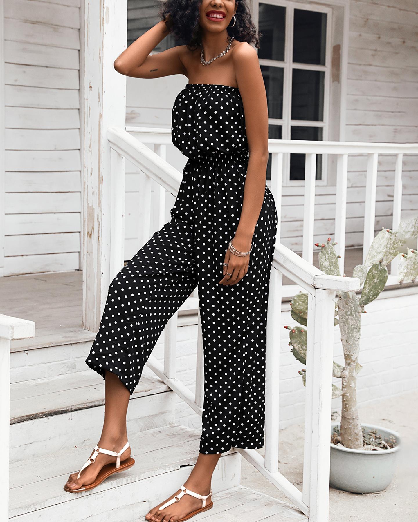 

Off Shoulder Polkadot Print High Waist Jumpsuit, Black