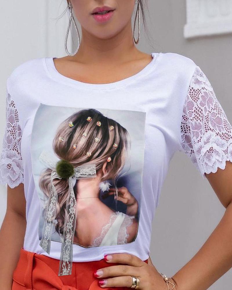 

Figure Print Lace Short Sleeve T-Shirt, White