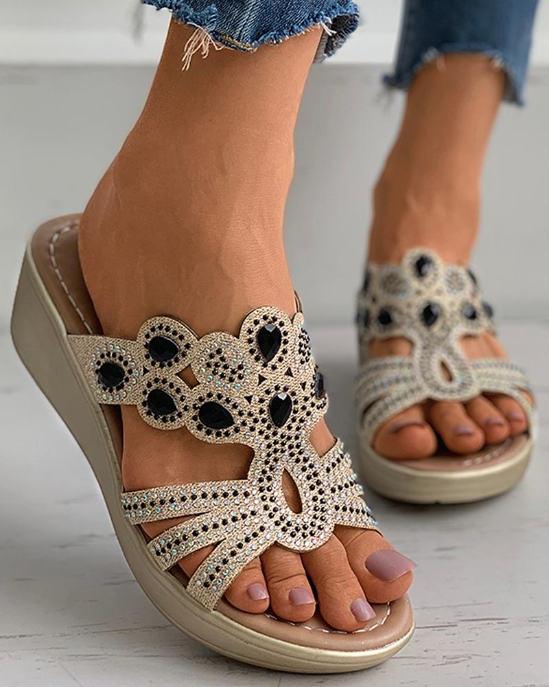 

Rhinestone Cutout Peep Toe Wedge Sandals, Black