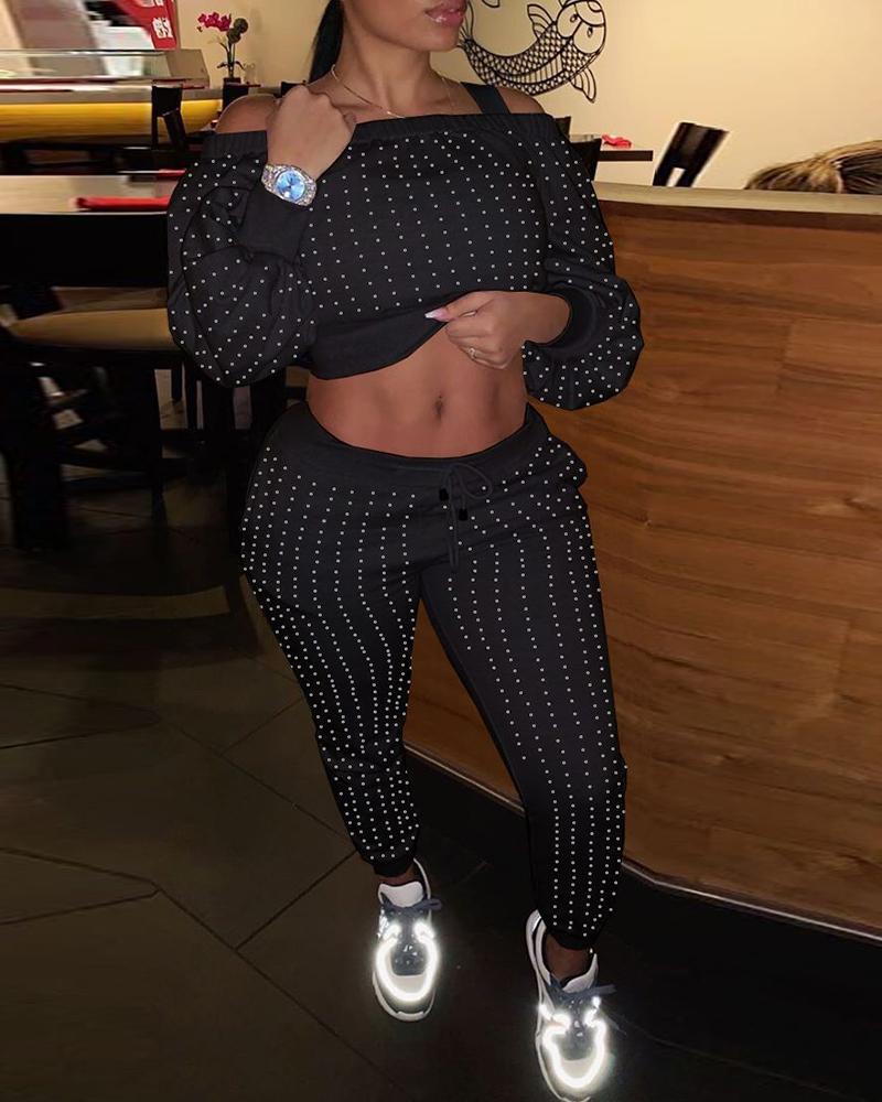

Off Shoulder Studded Top & Drawstring Pants Set, Black