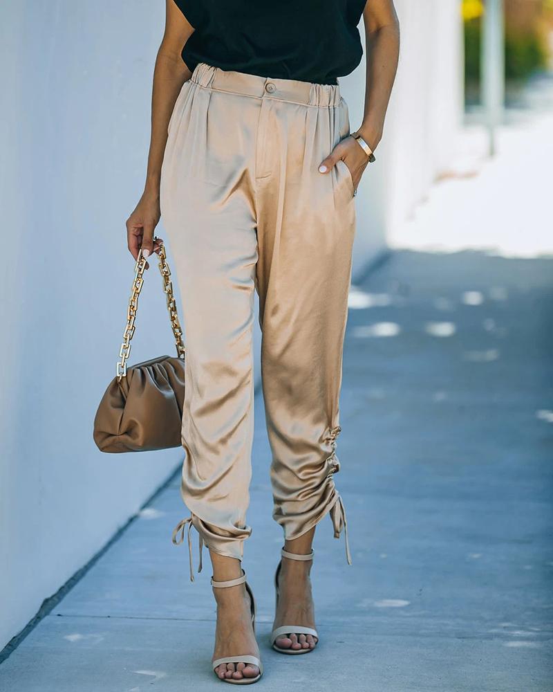 

Ruched Drawstring Satin Pocket Design Pants, Apricot