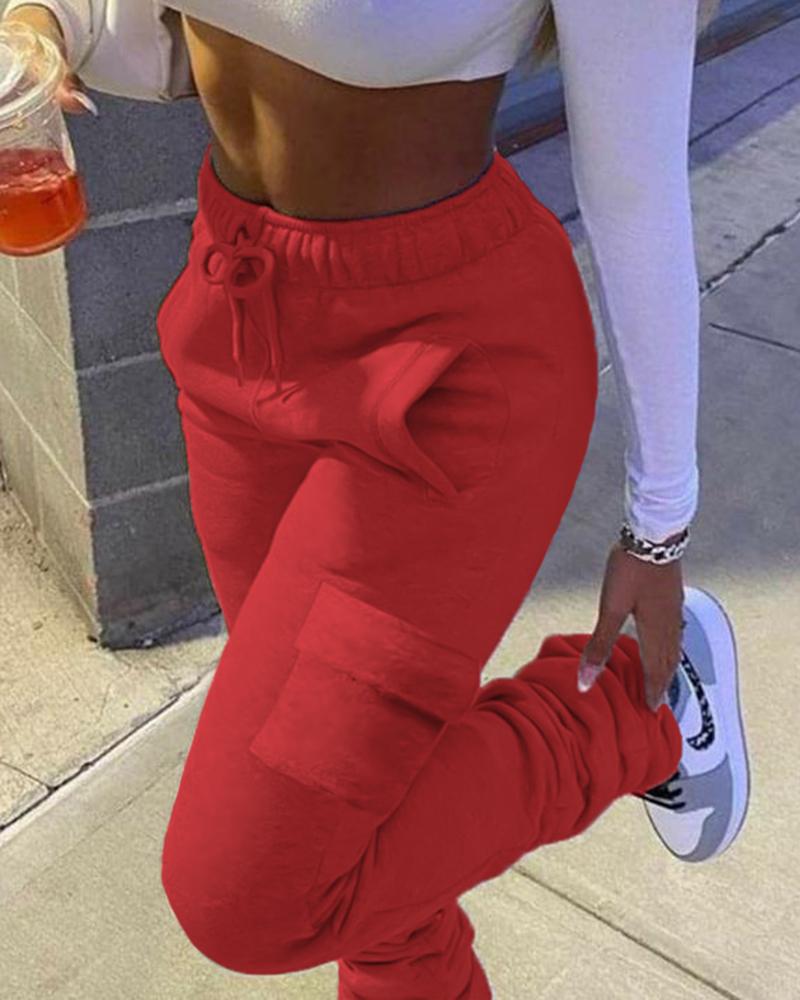 

Pocket Design Drawstring Fold Sweatpants, Red
