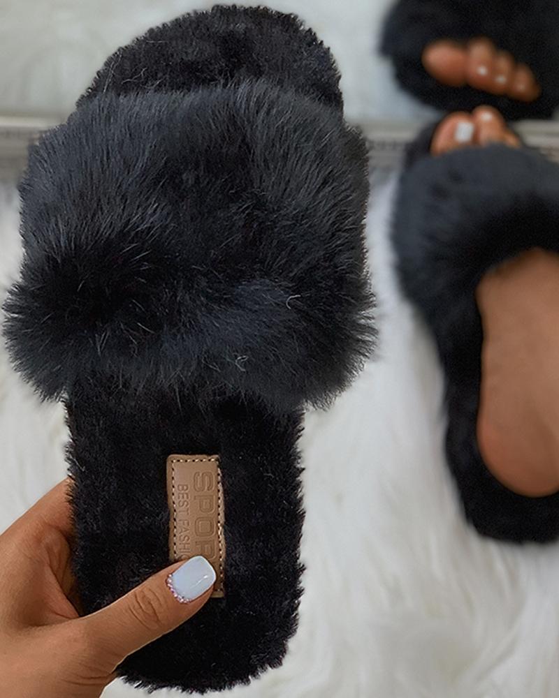 

Plain Fluffy Slippers, Black