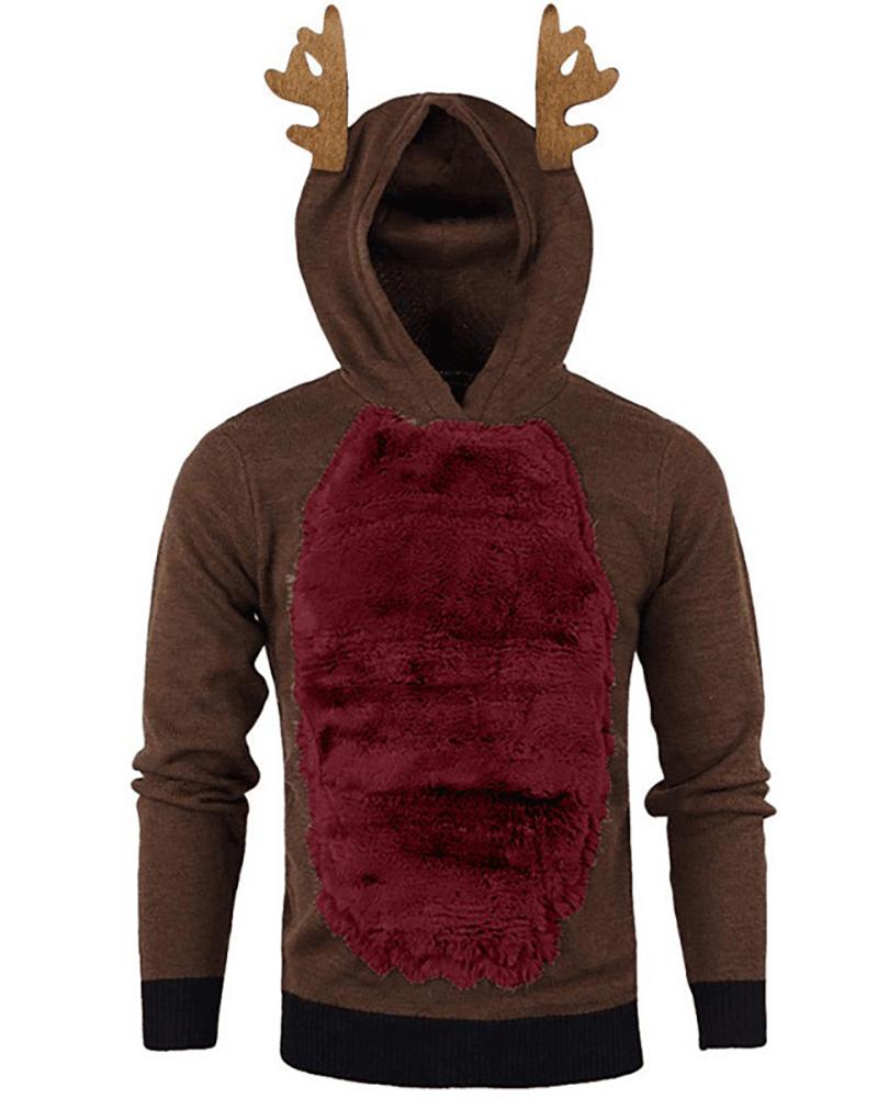 

Men Colorblock Ear Design Fluffy Hooded Top, Style2