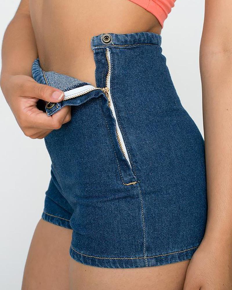 

Zipper Design Single Button Denim Shorts, Dark blue