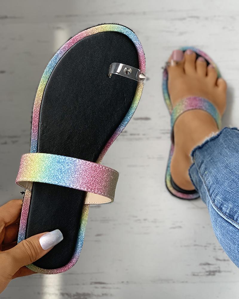 

Toe Ring Rivet Rhinestone Colorblock Flat Sandals, Multicolor