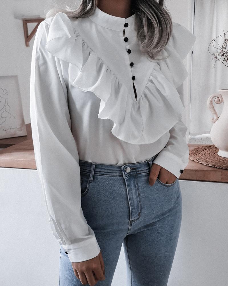 

Ruffles Hem Button Design Long Sleeve Blouse, White