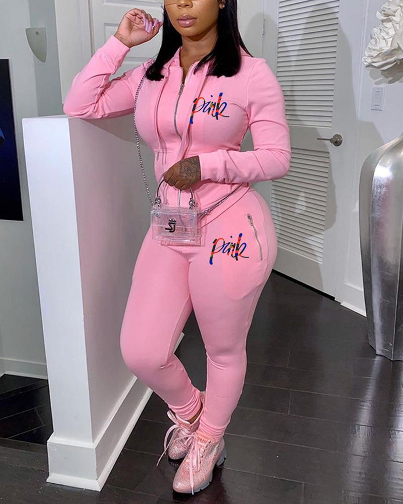 

Logo Print Long Sleeve Sporty Hoodies Coats Suit Sets, Pink
