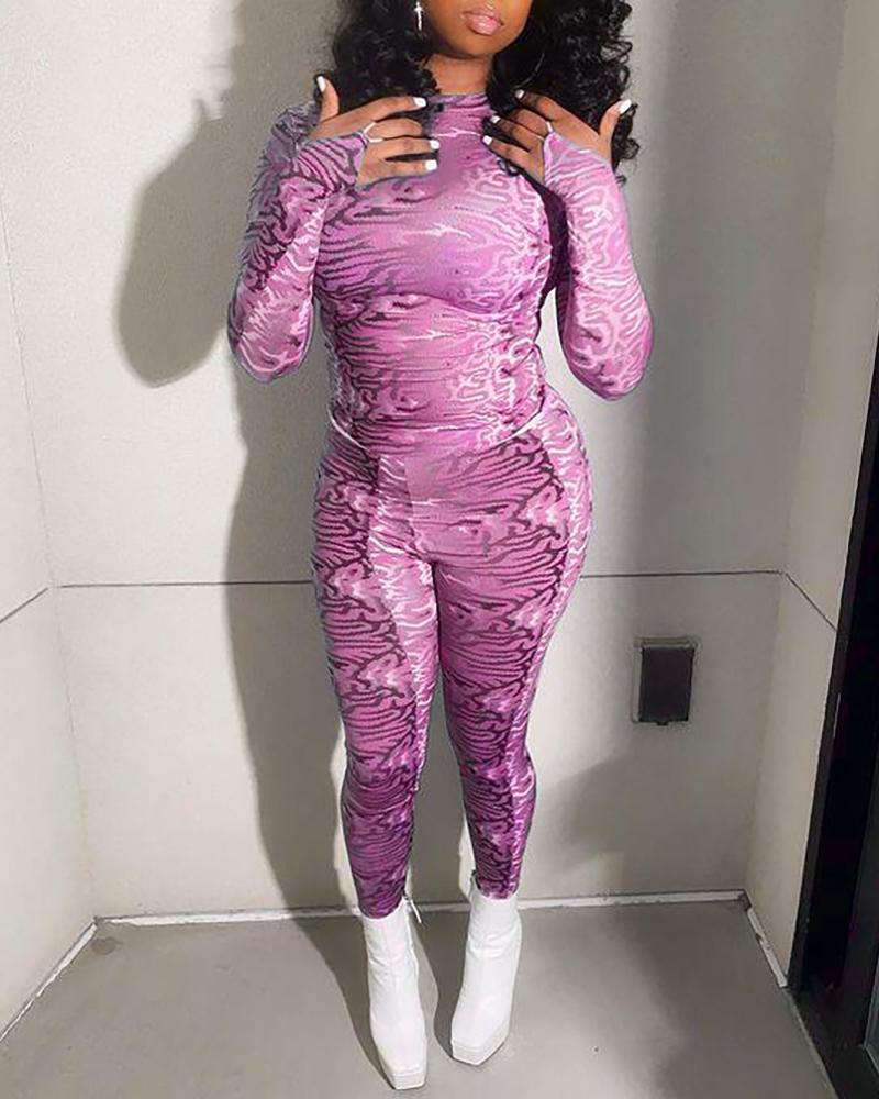 

All Over Print Long Sleeve Top & Pants Set, Pink