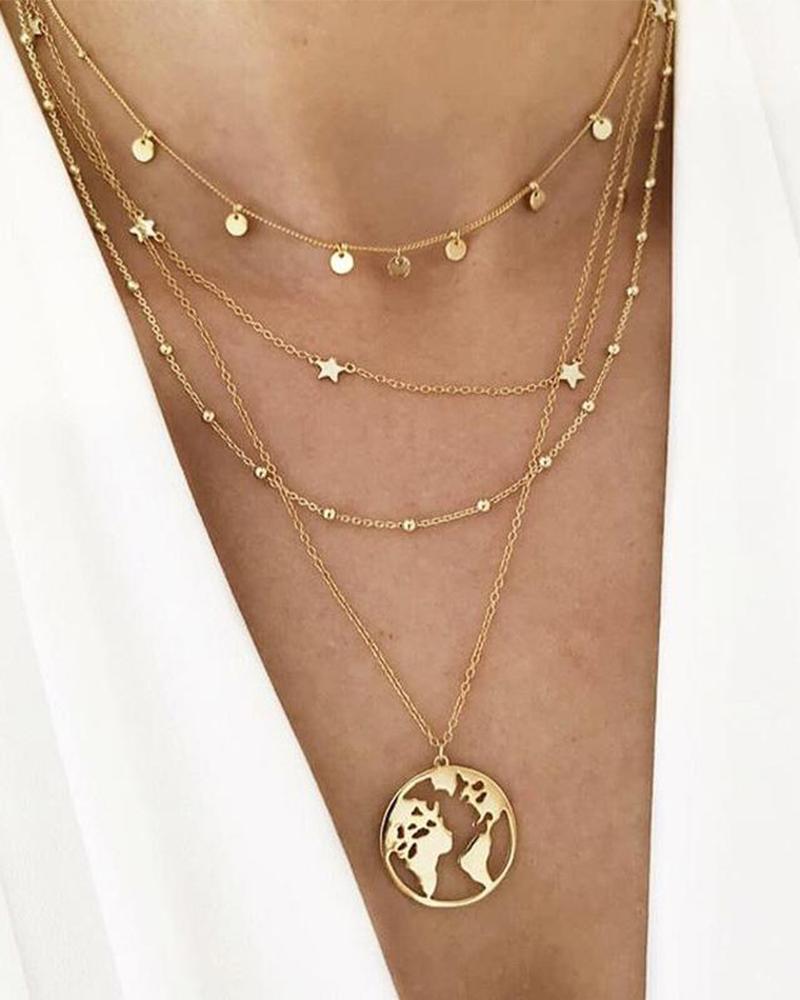 

Disc Pentagram Star Bead Map Multilayer Necklace, Gold