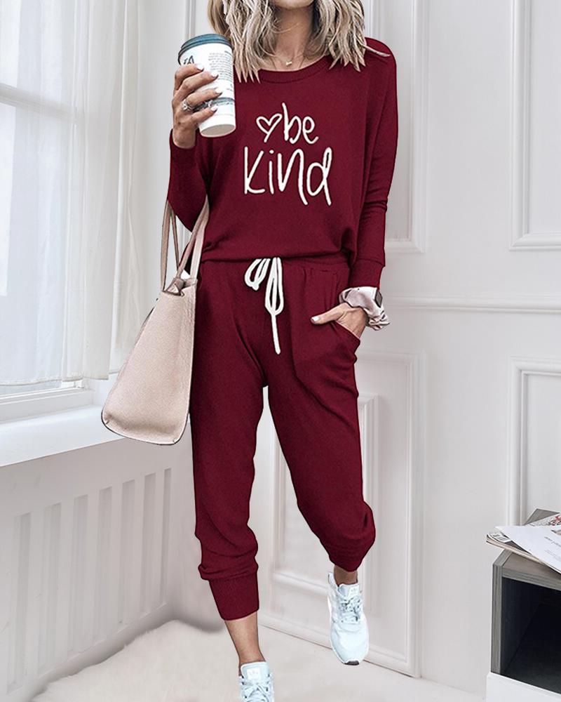 

Letter Print Long Sleeve T-shirt With Sweatpants Suit Sets, Wine red