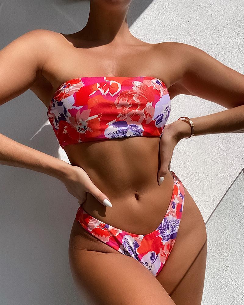 

Floral Print Bandeau Lace-up Bikini Set, Red