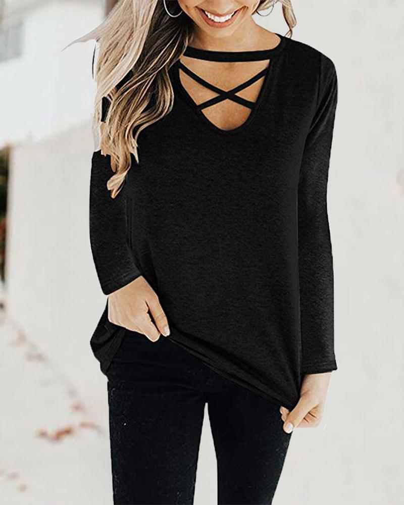 

Bandage Long Sleeve Solid Casual Top, Black