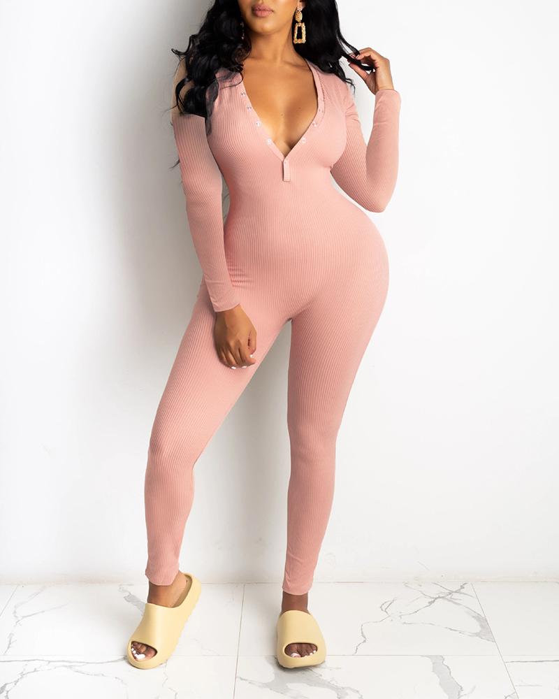 

Solid Color Long Sleeve Jumpsuit, Khaki