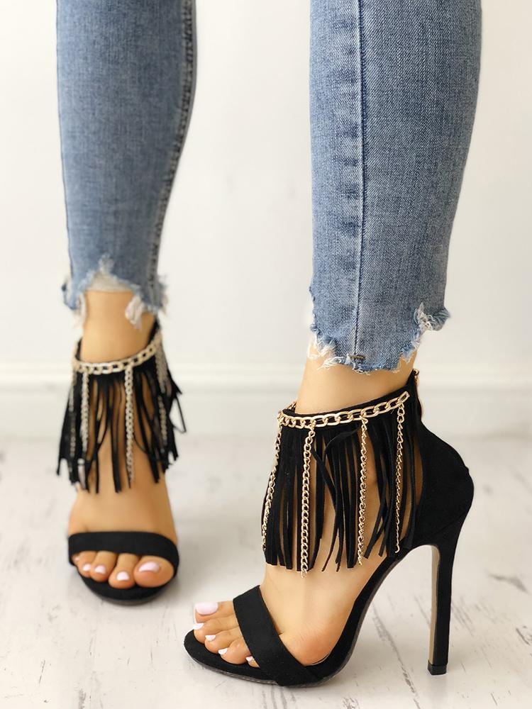 

Tassel Chain Embellished Heeled Sandals, Black