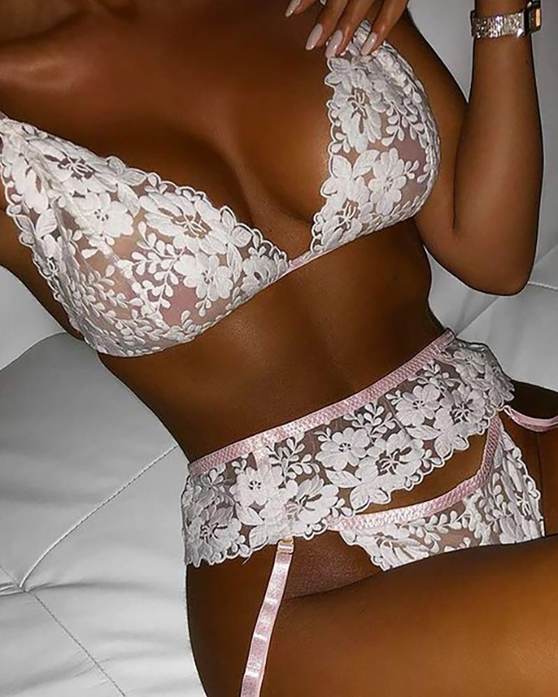 

Floral Embroidery Lace Garter Lingerie Set, White