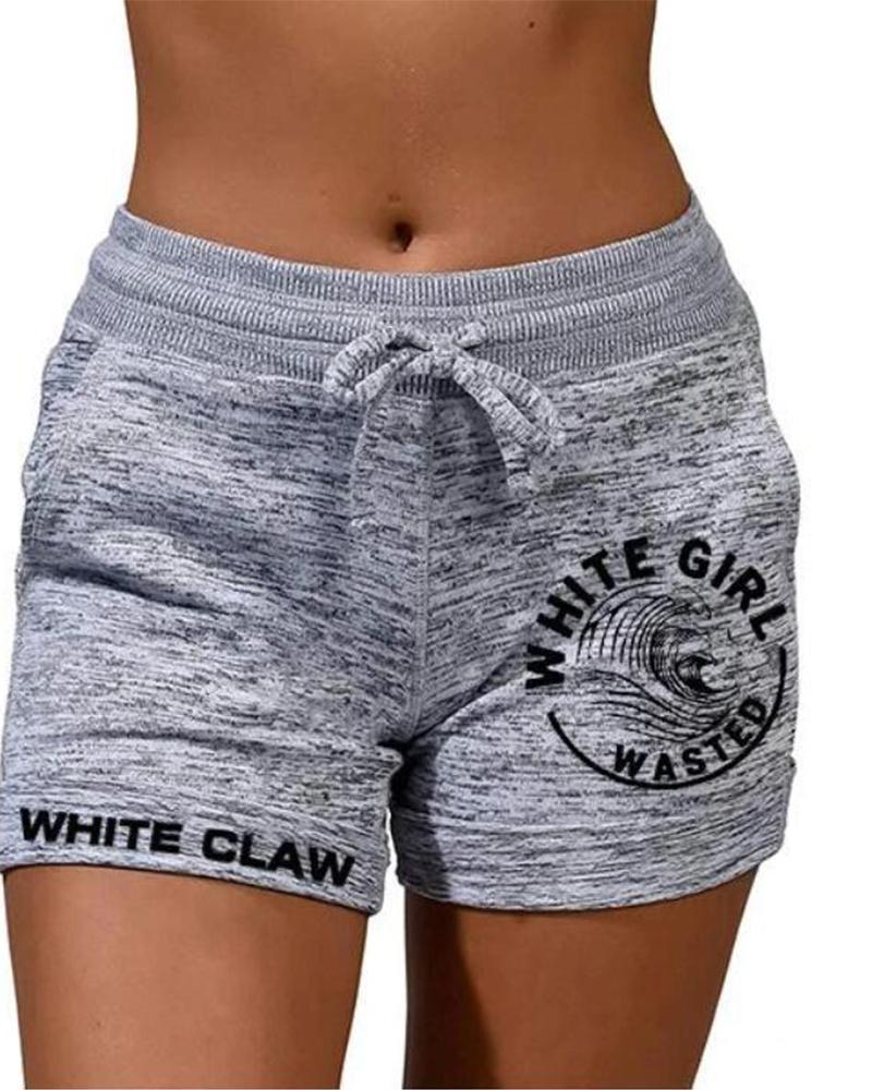 

Solid Color Splicing Logo Print Drawstring Short Pants, Gray