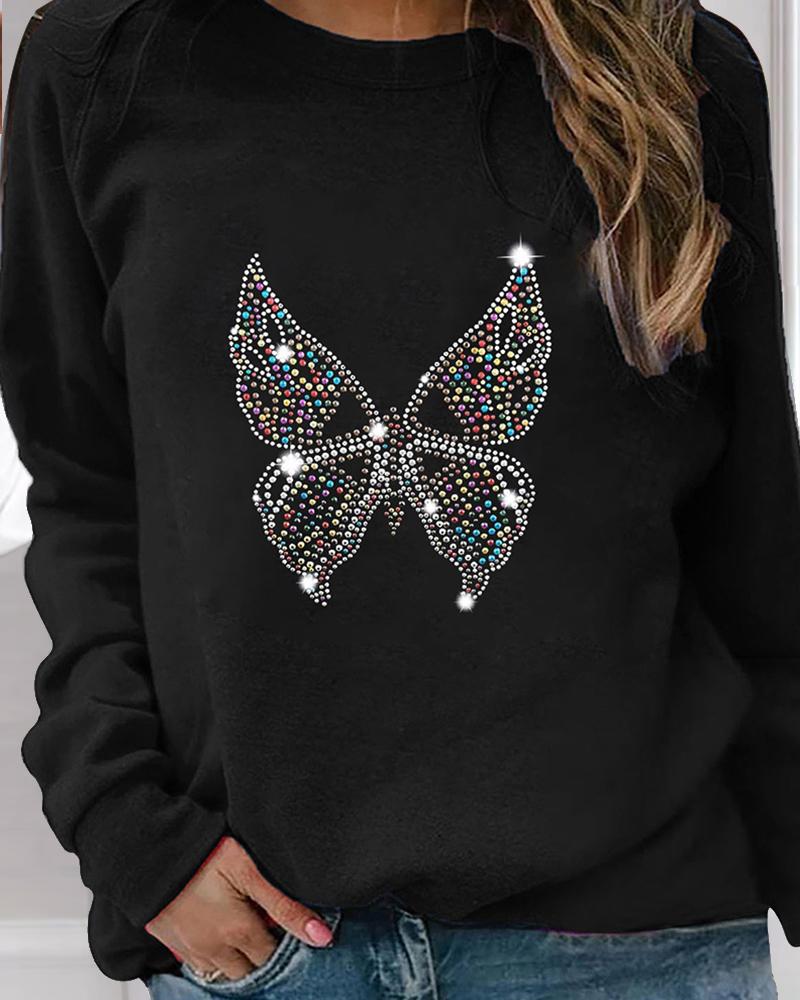 

Butterfly Rhinestone Print Long Sleeve Blouse, Black