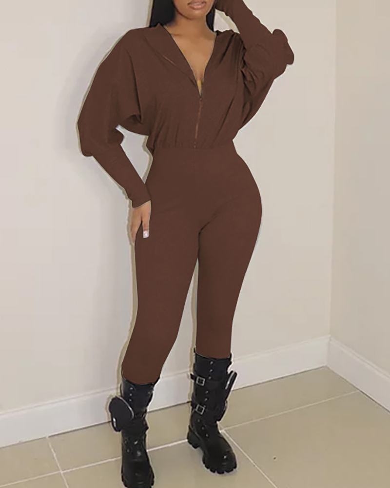 

Plain Zipper Design Hooded Jumpsuit, Brown