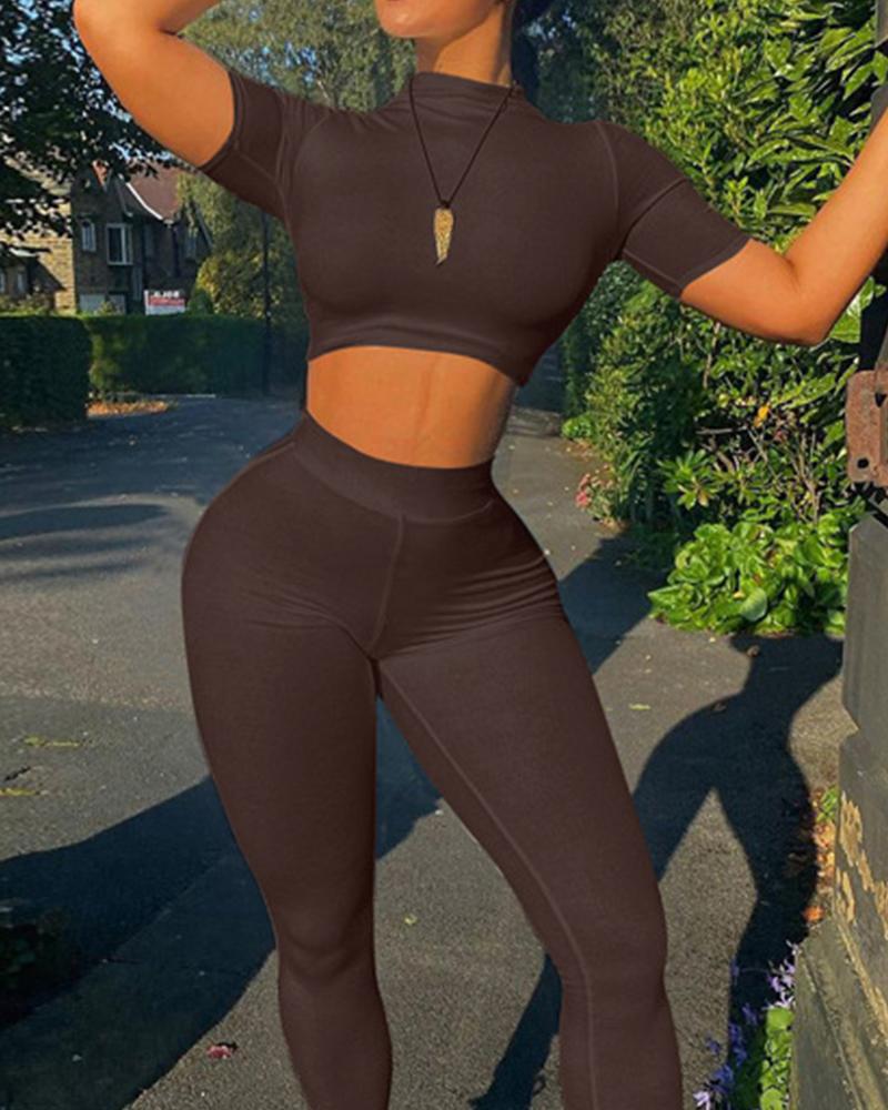 

Solid Short Sleeve Skinny Cropped T-shirt With Pants Suit Sets, Coffee
