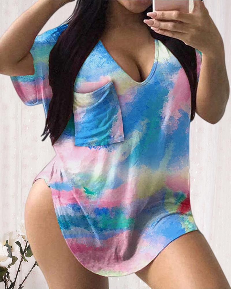 

Tie Dye Print V Neck Short Sleeve T-shirt, Blue