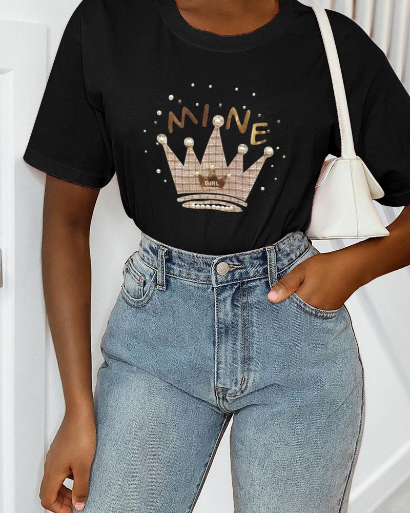 

Beaded Crown Pattern Casual T-shirt, Black