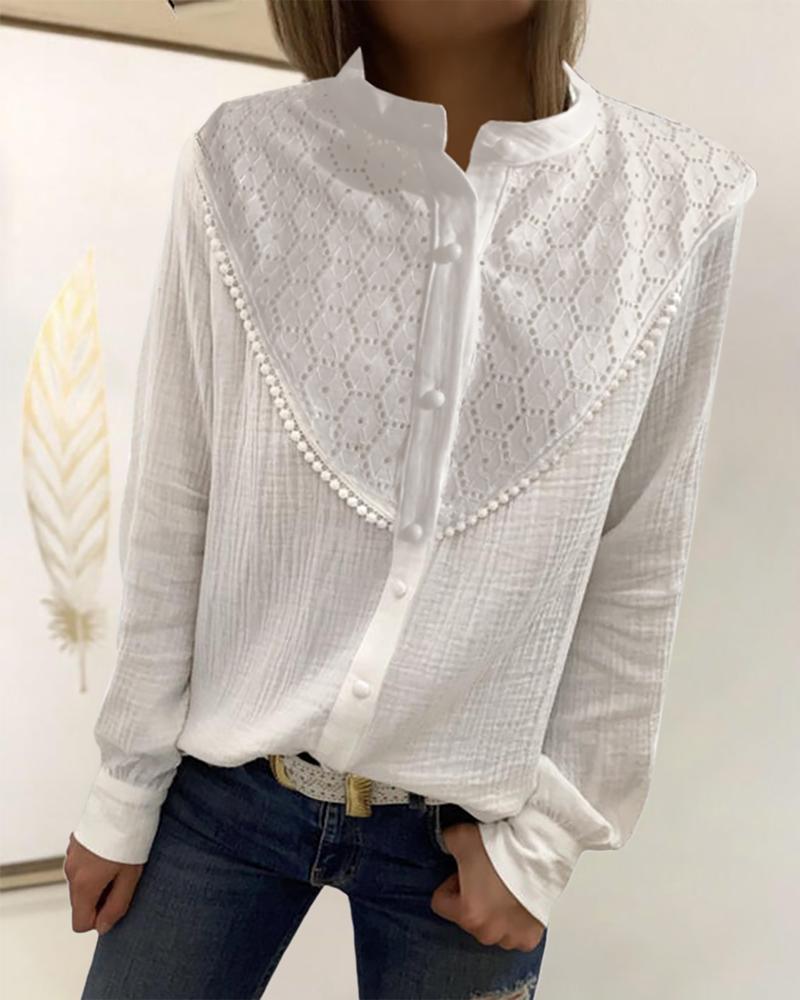 

Button Design Long Sleeve Lace Shirt, White