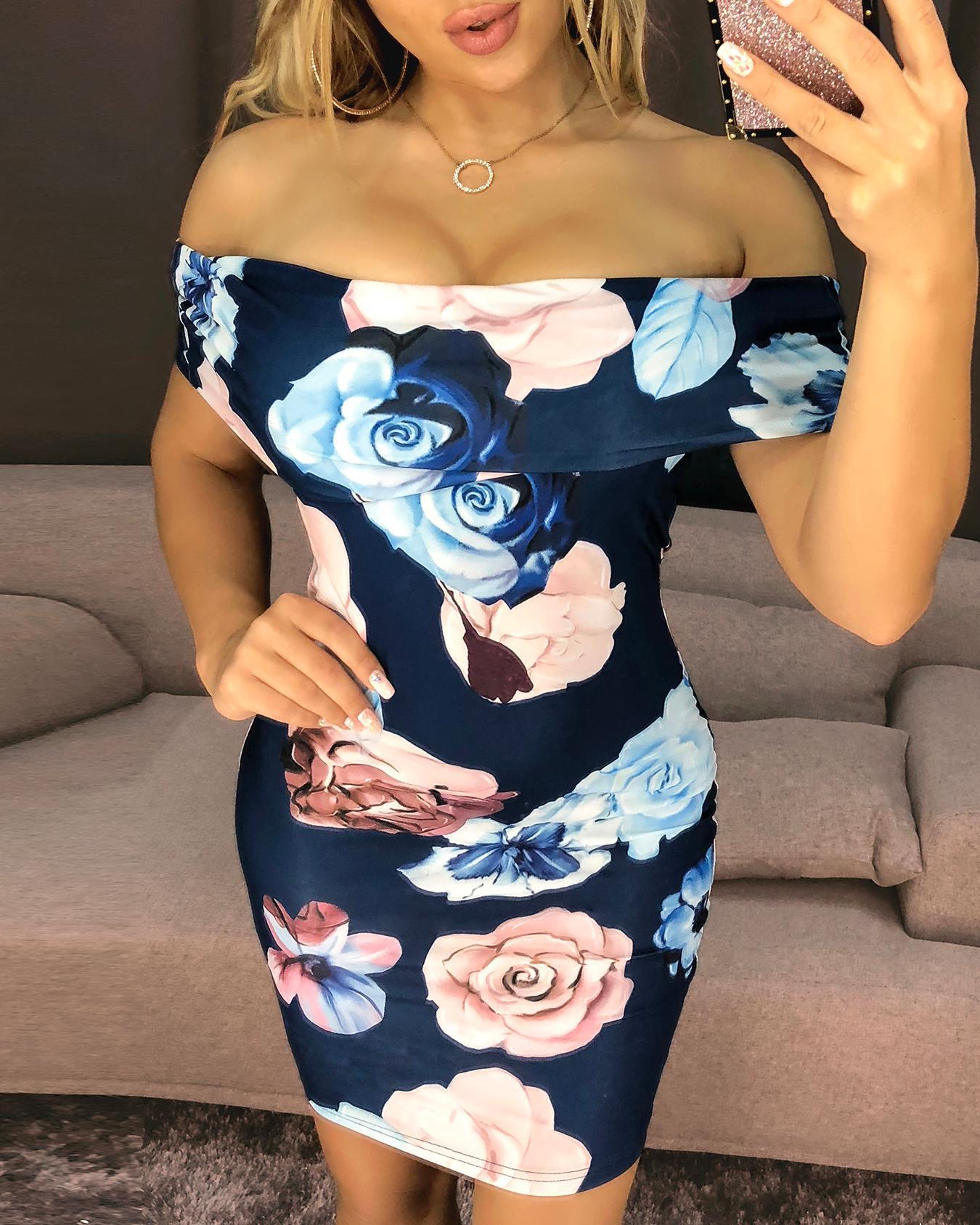 

Floral Off Shoulder Bodycon Dress, Dark blue