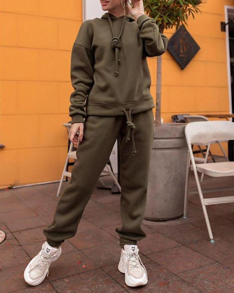 

Plain Drawstring Front Hooded Top & Pants Set, Army green