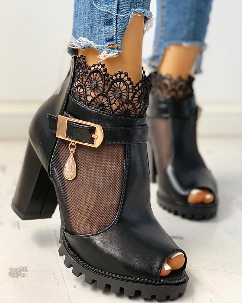 

Peep Toe Lace Mesh Insert Chunky Heeled Boot, Black