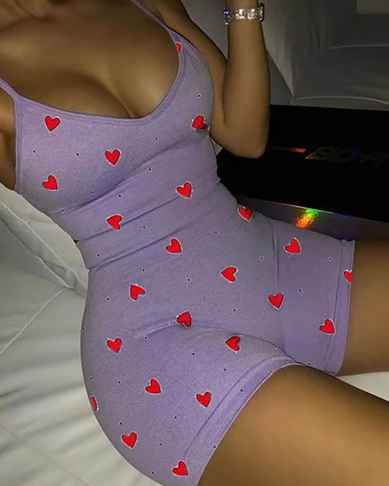 

Heart Print Spaghetti Strap Skinny Romper, Purple