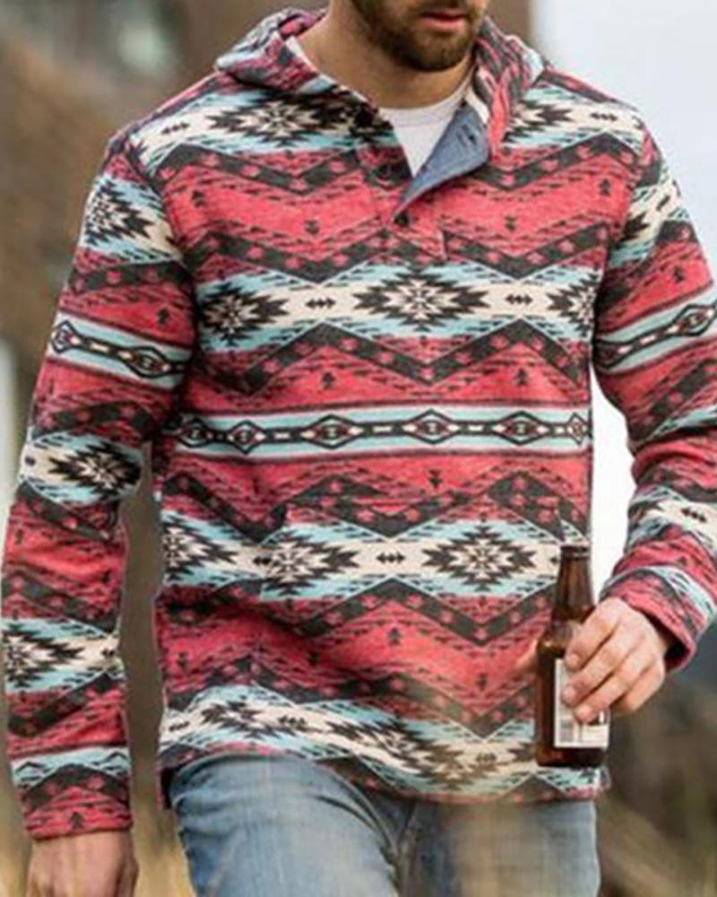 

Men Geometric Print Button Design Long Sleeve Hoodie, Red