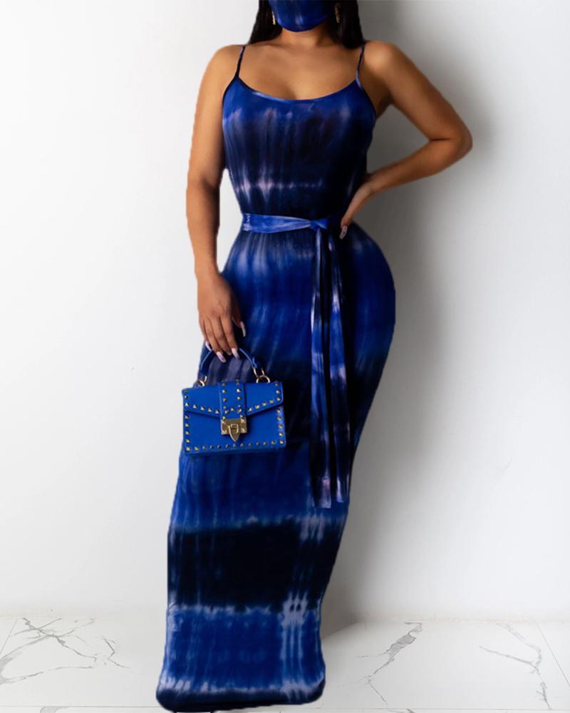 

Spaghetti Strap Tie Dye Print Maxi Dress, Dark blue