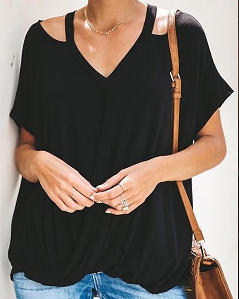 

Short Sleeve V-Neck Cutout T-shirt, Black