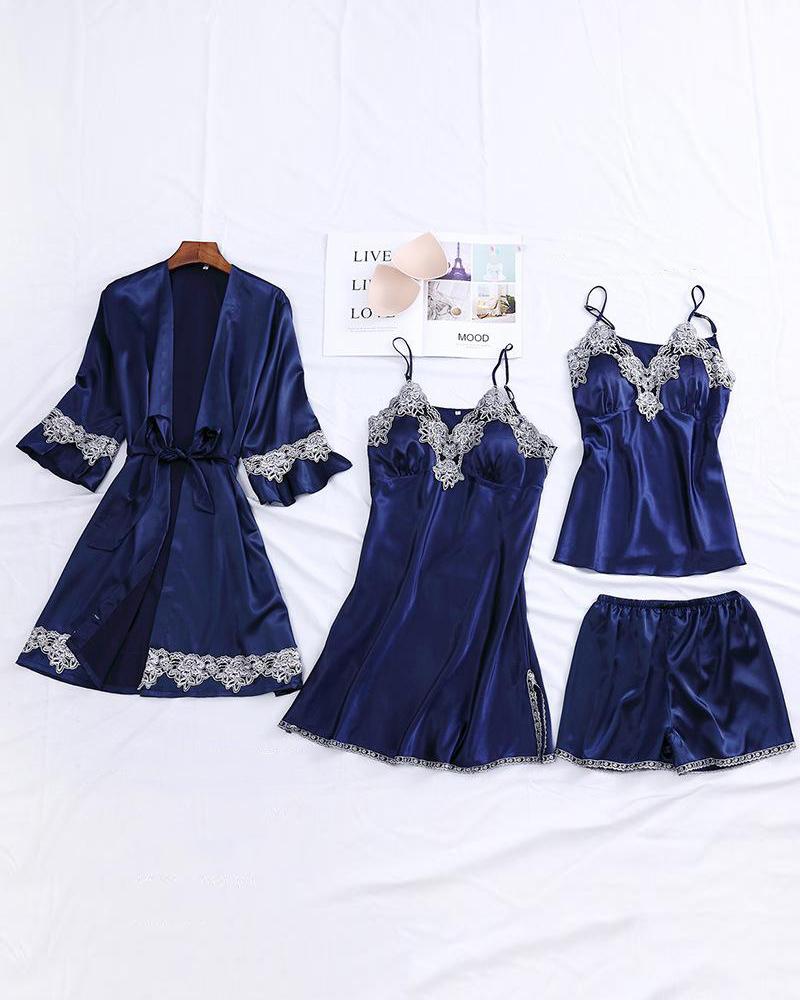 

Satin Lace-Trim 4-Piece Pajama Set, Blue