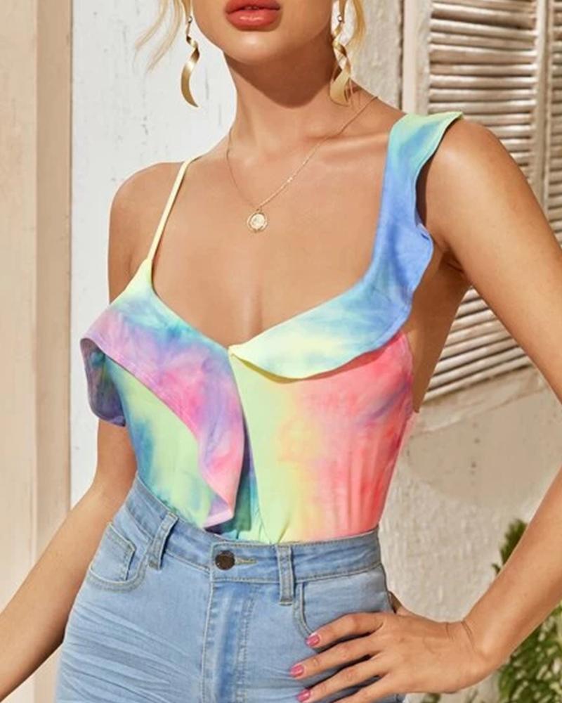 

Tie Dye Ruffles Skinny Strap Tanks, Multicolor