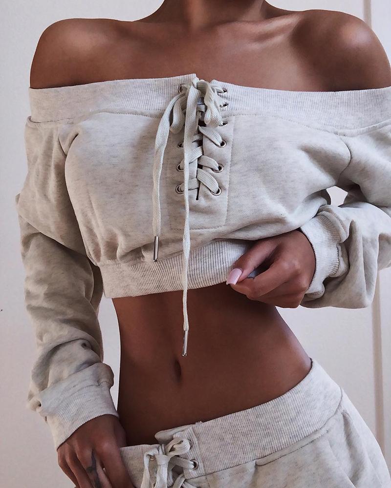 

Off Shoulder Eyelet Lace-up Crop Top, Gray