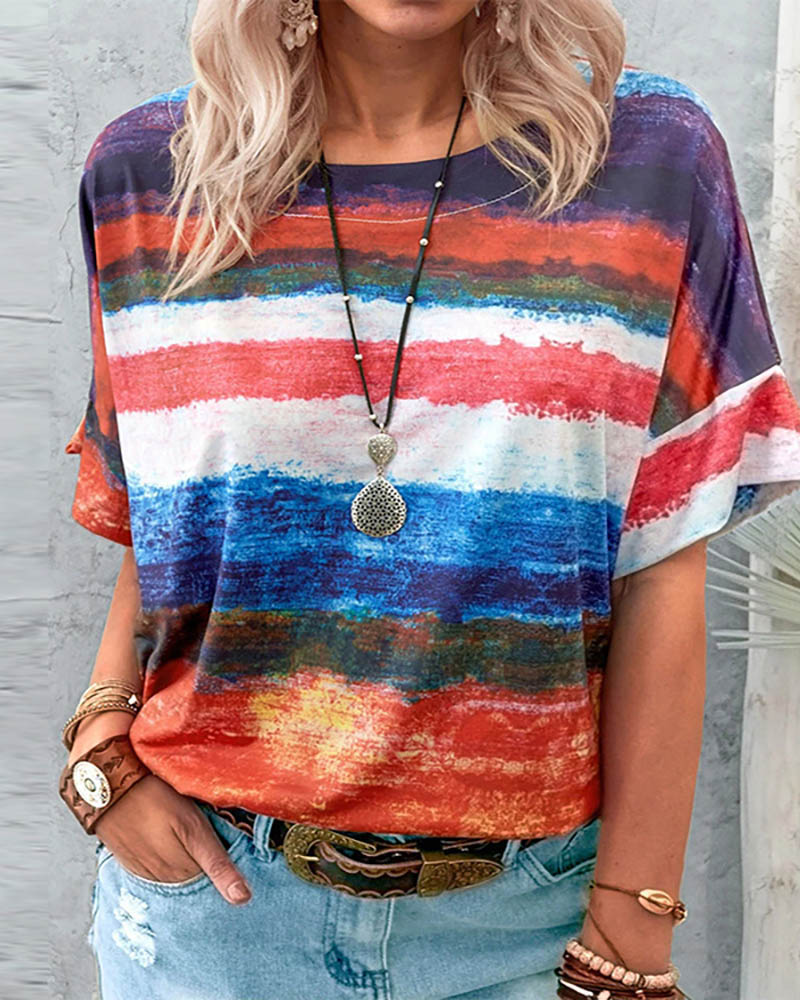 

Round Neck Colorblock Short Sleeve Casual T-shirt, Red