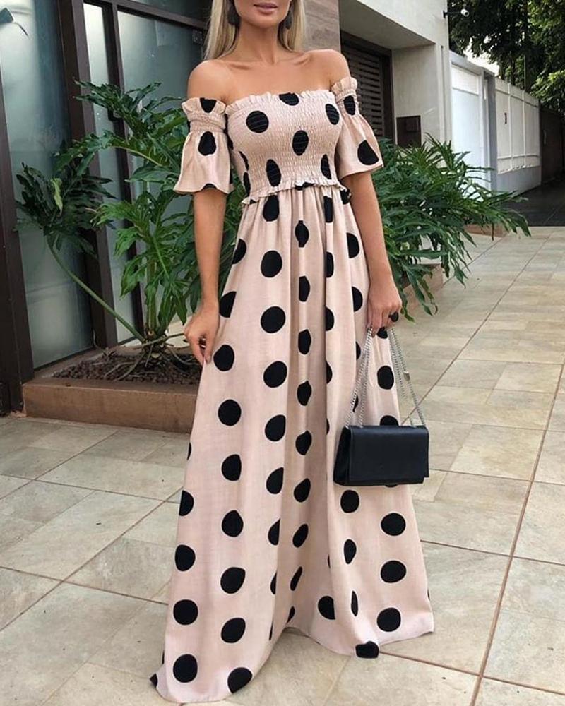 

Polka Dots Off Shoulder Shirring Design Maxi Dress, Khaki