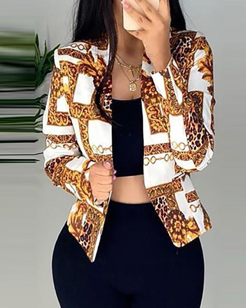 

Cheetah Chain Print Long Sleeve Bomber Jacket, White