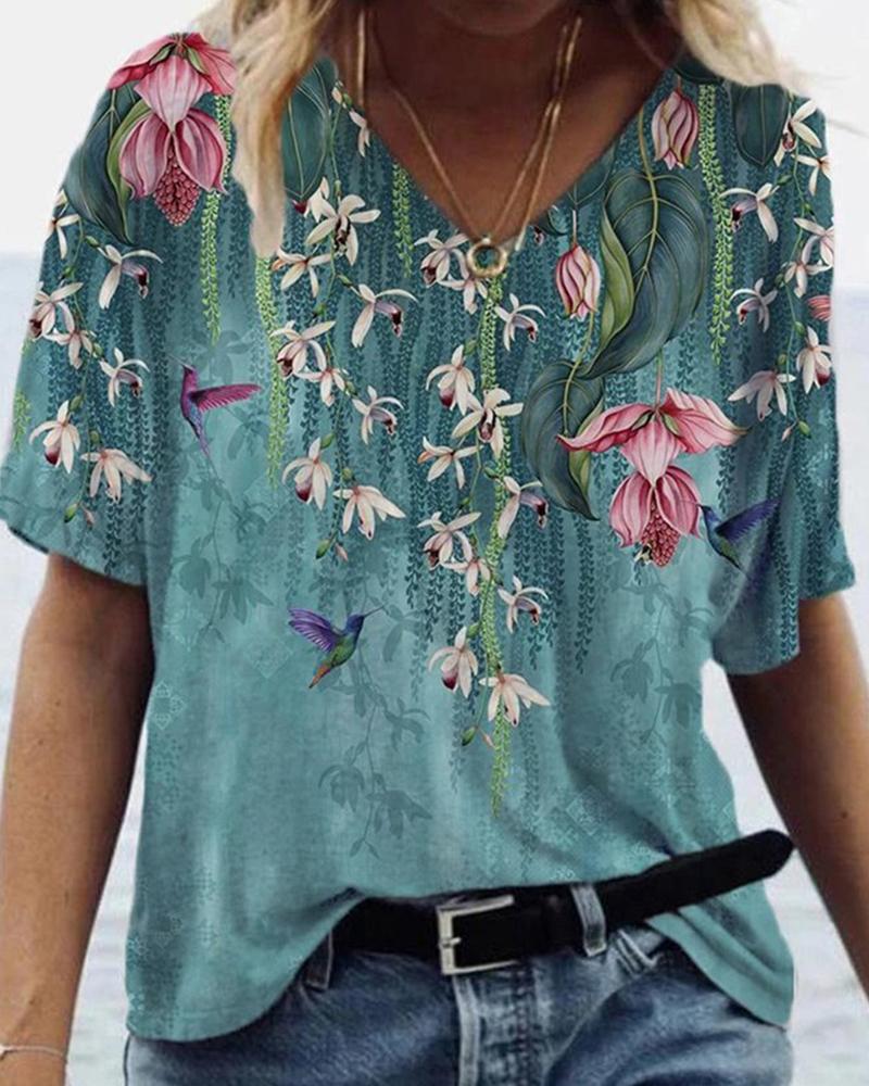 

Floral Print Short Sleeve Loose T-shirts, Blue