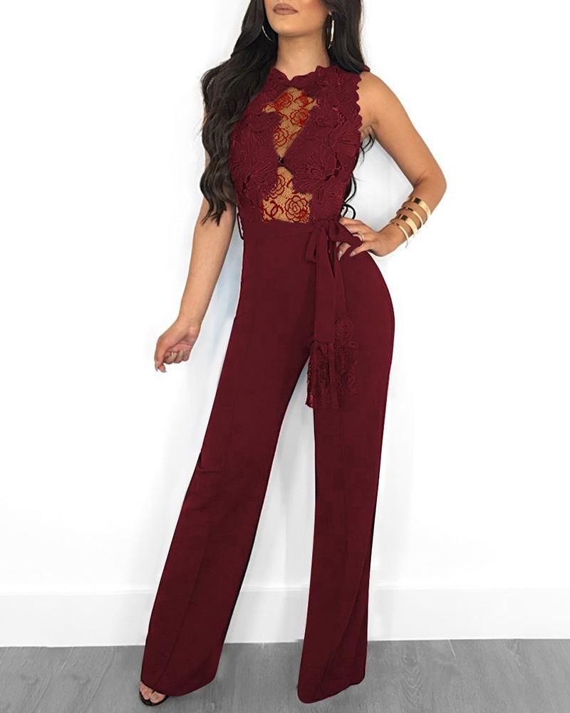 

Sleeveless Lace Bodice Jumpsuits, Red